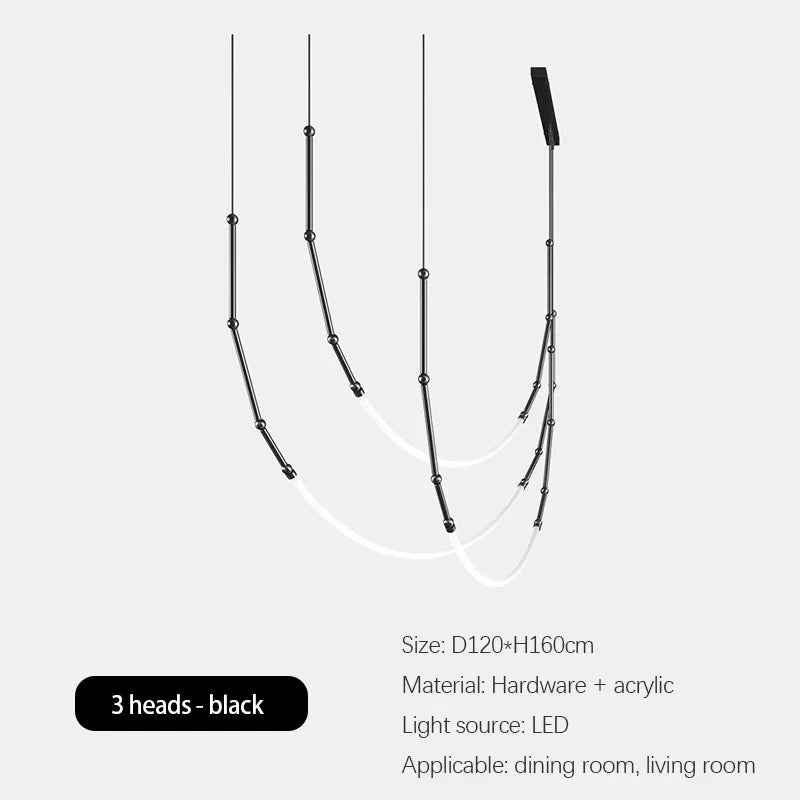 Bamboo like Aluminum Pendant LED Lighting Chandelier - 3 Lines Black