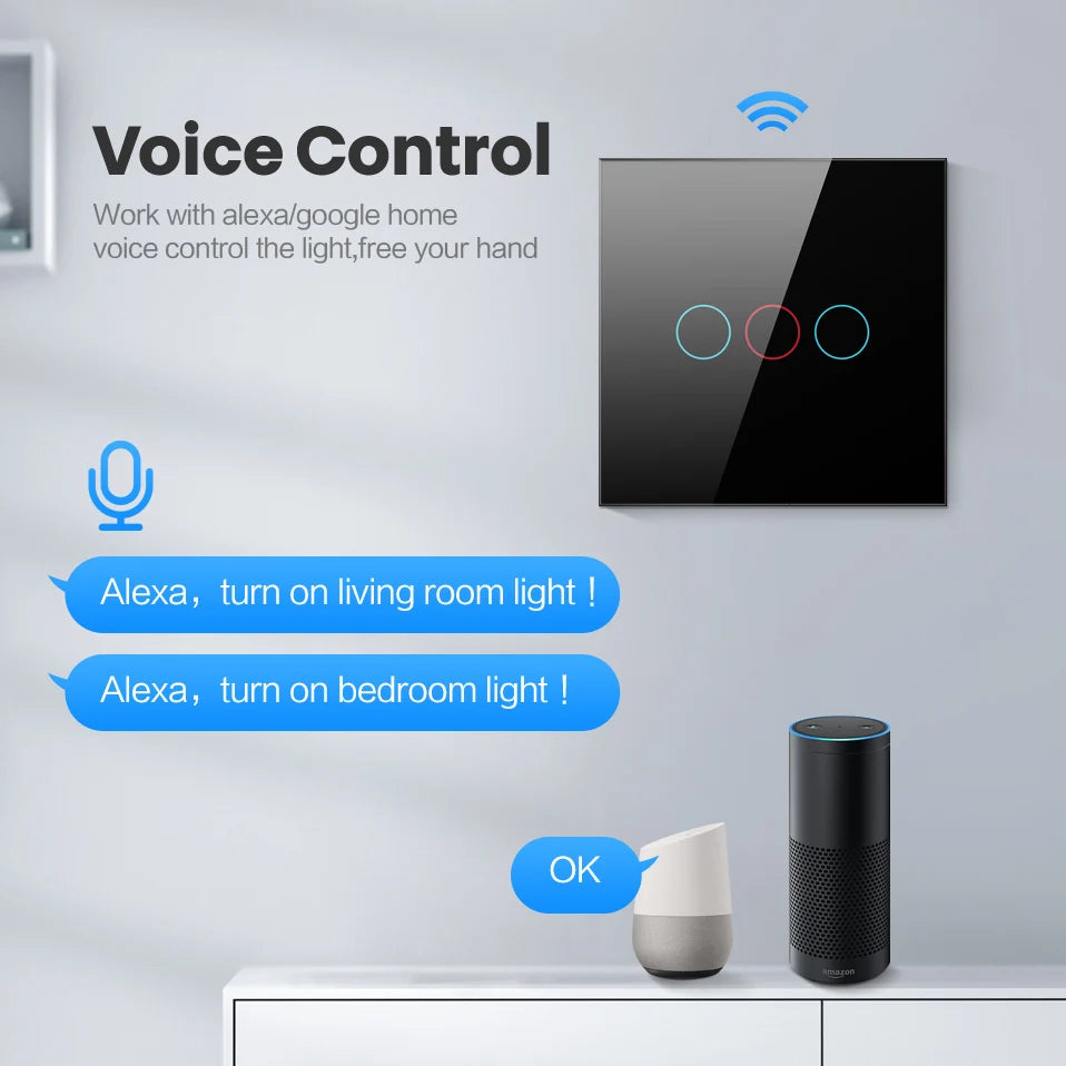 US 3 Gang Black WiFi Smart Switch Work