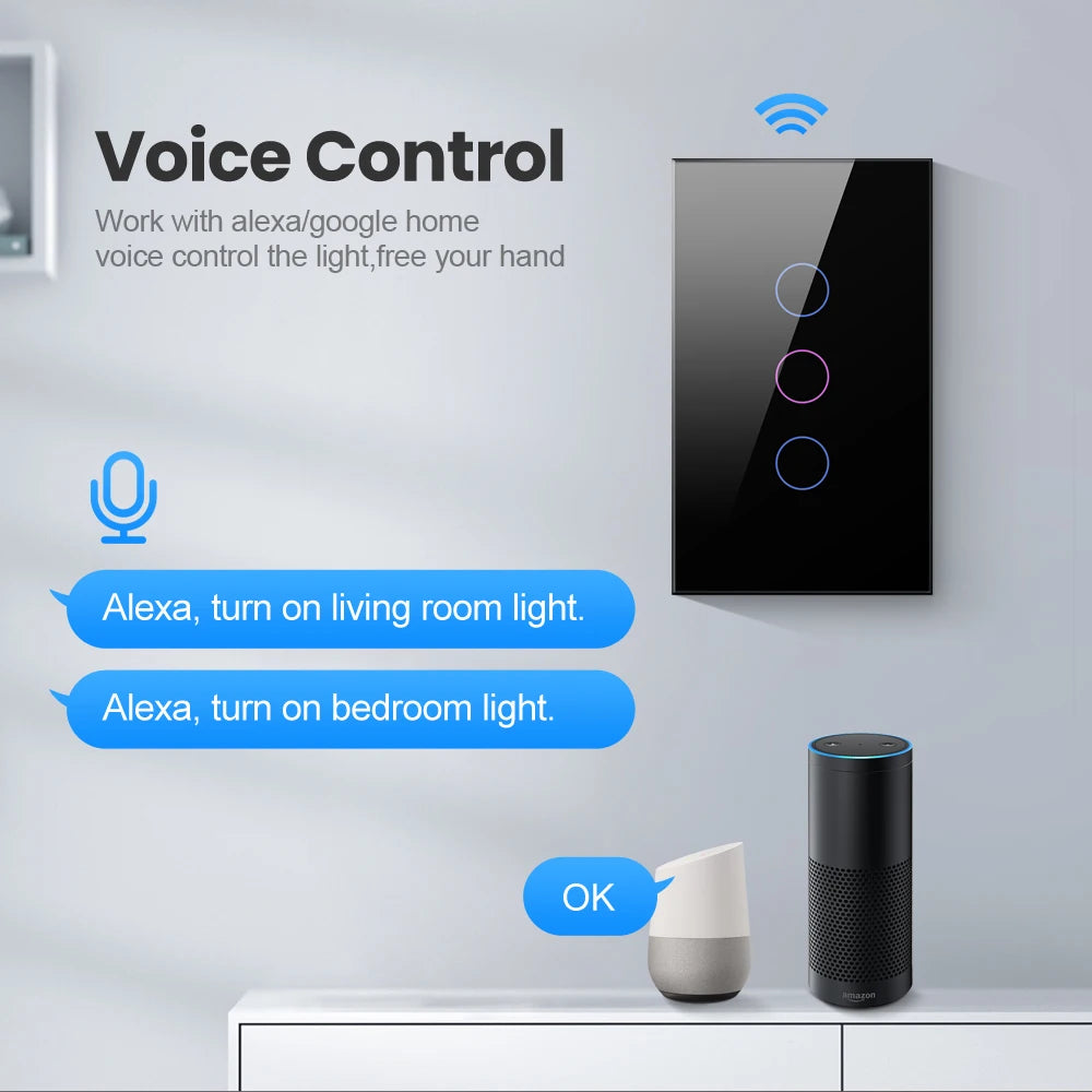 US 3 Gang Black WiFi Smart Switch Work